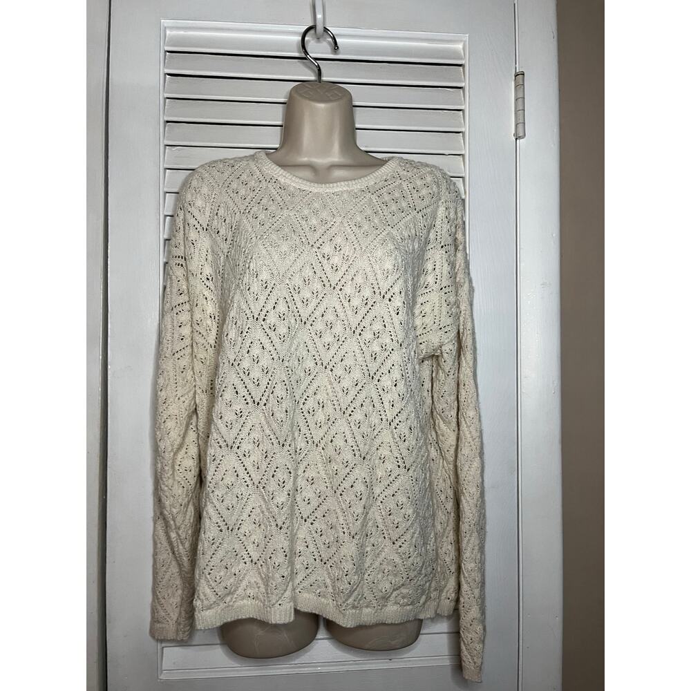Vintage 80s The Villager ivory open work knit long sweater size M banded hem
